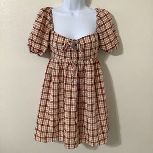 Coquette Cottagecore Plaid Prairie Country Western Milkmaid Babydoll Dress 1/2